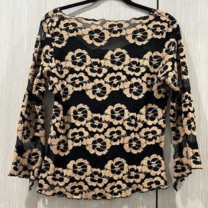 Queenspark Embroidered Mesh Top – Black & Tan | Size Large